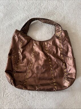 Vintage Style Metallic Bronze Studded Hobo Shoulder Bag|Large Slouchy Tote Purse